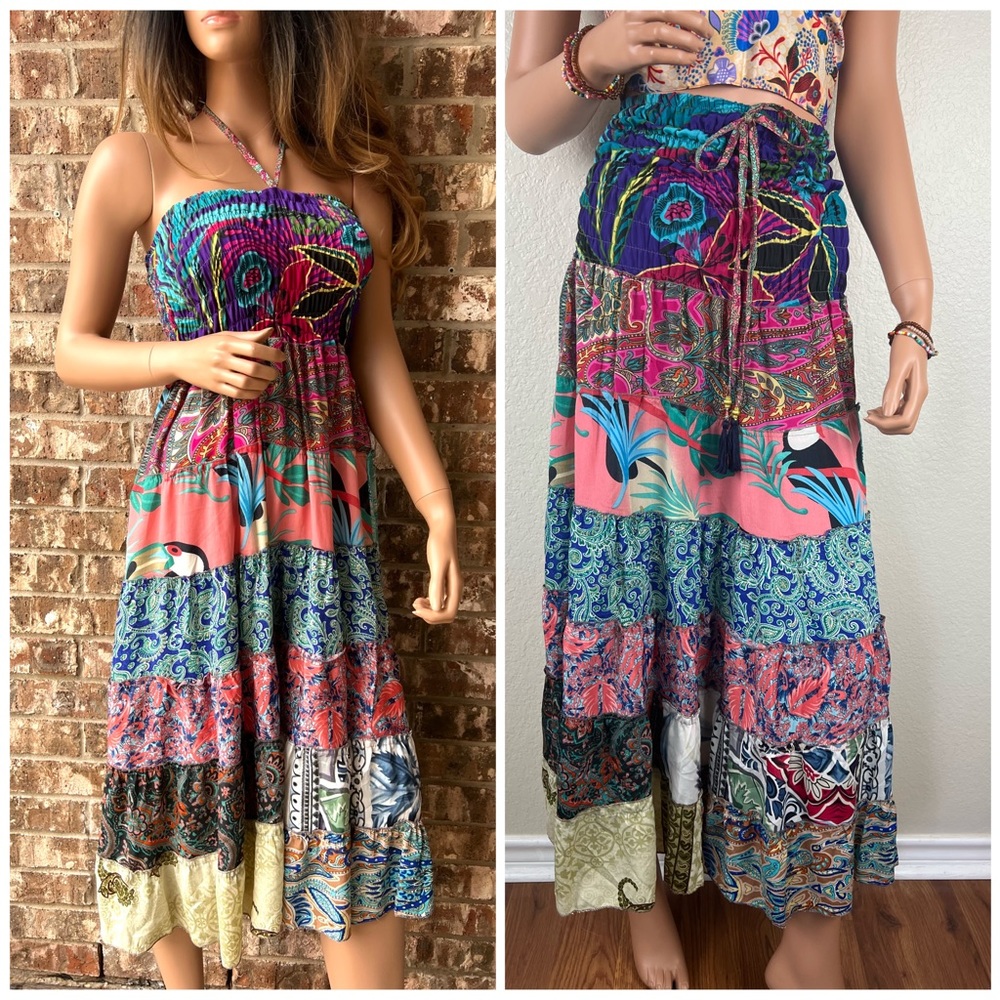 Smocked Ruched Patchwork Boho Dress Skirt - Picture 5 of 17